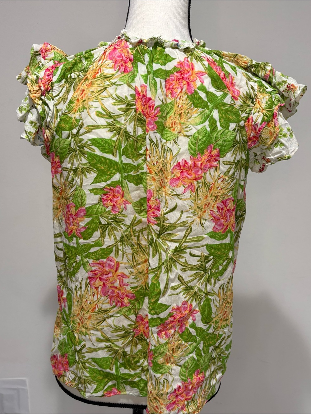 Rose + Olive Floral Blouse Top Small Boho Peasant Tassel Tie Neck Ruffle Sleeve - Picture 5 of 10